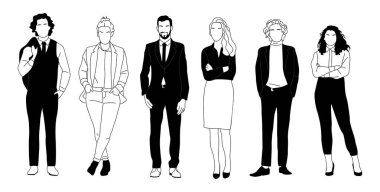 İş ekibi üyeleri ayakta. Farklı erkek grupları, resmi kıyafetli kadın karakterler. Modern vektör basit taslak tasarımı, grafik ve web tasarımı için biçimlendirilmiş çizimler. Beyaz arkaplanda izole.