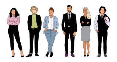 İş ekibi. Muhtelif karikatür erkek ve kadınların resmi ofis kıyafetleri içinde durdukları vektör çizimi, takım elbiseler. Beyaz arka planda izole edilmiş farklı iş adamları..