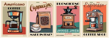 İçinde kahve öğütücü, Americano, Espresso Kahve Makinesi olan Retro posterleri. Klasik vektör minimalist mutfak duvarı sanatı, dekor. Kahve severler kulübü. Kahve dükkanı, tabela, afiş, arka plan..