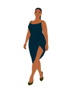 Güzel kıvrımlı kadın moda elbisesi ya da kokteyl partisi, Noel, yeni yıl etkinliği. Güzel tombul kız şık kıyafetler giyiyor. Beyaz arkaplanda izole edilmiş vektör gerçekçi illüstrasyon