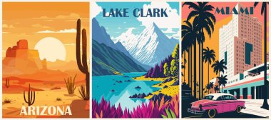 Geçmişe Yolculuk Gidiş Posterleri seti. Arizona, Clark Gölü, Alaska, Miami, ABD baskıları. Amerikan yaz tatili, tatil konsepti. Vintage vektör renkli çizimler.