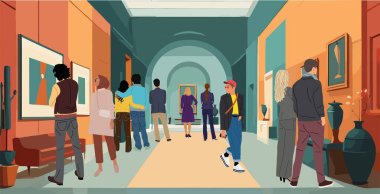 Geleneksel sanat galerisini ziyaret edenler. Sanat sergisinde yürüyen, ayakta duran, duvarlardaki klasik resimlere bakan farklı insanlar. Turistler sergi salonunda. Düz renkli vektör çizimi.