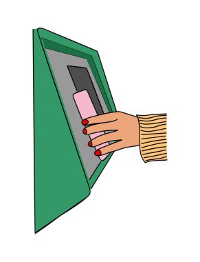 Temassız olarak akıllı telefondan ATM 'den para çekiyorlar. Para çekmek ve banka ödemeleri için otomatik veznedarın yanındaki NFC ile el ele tutuşan telefon. Vektör rengarenk el çizimi illüstrasyon.