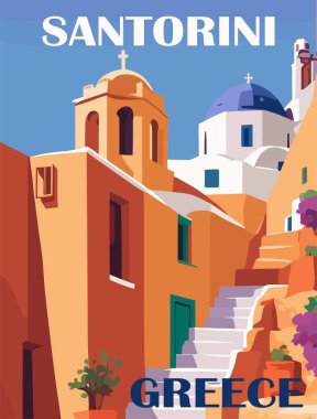 Santorini, Yunanistan Seyahat Varış Yeri Posteri. Geleneksel binalarla dijital baskı, arka planda kilise. Avrupa yaz tatili, tatil konsepti. Vintage vektör illüstrasyonu.