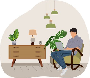 Dizüstü bilgisayarı olan serbest çalışan bir adam, orta çağ modern oturma odasında rahat bir koltukta oturuyor. Evde çalışan yakışıklı genç adam. Çizgi film erkek karakteri iç sahne vektör çizimi.