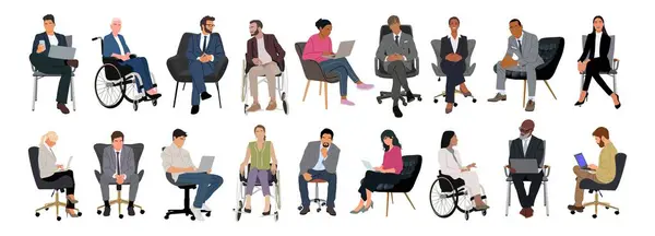 Stock vector Diverse Business people sitting, taking part in meeting, business event. Set of Different men, women, disabled person in armchair, wheelchair. Inclusive business concept. Vector illustration isolated.