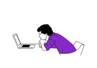 Genç adam video, film, dizüstü bilgisayar semineri izliyor. Genç çocuk, erkek, öğrenci, serbest çalışan ya da internetten eğitim alan. Beyaz arkaplanda izole edilmiş basit vektör çizgisi çizimi.