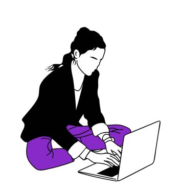 Dizüstü bilgisayarda çalışan genç bir iş kadını bacak bacak bacak üstüne atarak yerde oturuyor. Serbest çalışma, online uzak çalışma, internet teknolojileri konsepti. Beyaz arkaplanda izole edilmiş vektör çizimi.