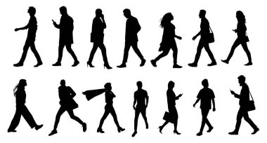Yürüyen iş adamlarının siluetleri, kadın ve erkeklerin geniş kenarlı görüşleri. Vektör tek renkli illüstrasyon, şeffaf arkaplanda siyahı izole etti. Avatar, web sitesi simgeleri.