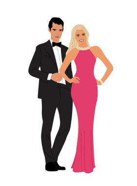 Son moda gece kıyafetleri giymiş bir çift vektör illüstrasyonunda beraberler. Şık bir adam, Noel için hazır bir kadın, yeni yıl, düğün etkinliği. Beyaz arka planda şık giyimli şık bir çift.