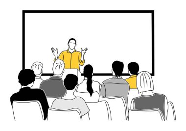 Büyük bir konferans salonunda iş adamı konuşmacısı büyük seyircilerin önünde sunum yapıyor. Seminer, forum. İş eğitimi konsepti. Beyaz arkaplanda izole edilmiş grafik ve web tasarımı için özet vektörü.