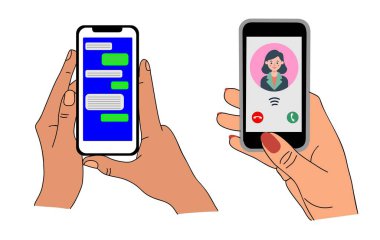 Kuryeyle cep telefonu, ekranda video görüşmesi. Parmaklar dokunuyor, kaydırıyor, uygulamaları kullanıyor. Düz vektör çizimleri beyaz arkaplanda izole edildi.