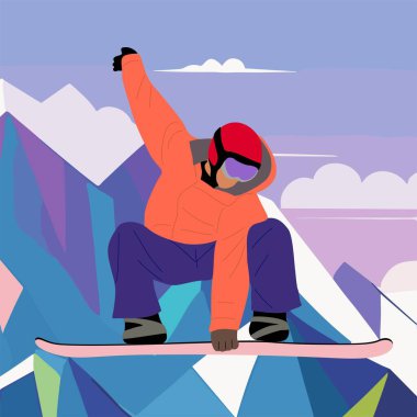 Snowboardcu atlıyor. Genç adam, kadın kış sporu kıyafetleri giymiş, kar kayağı yapıyor. Aşırı kış sporu. Açık havada tatil aktivitesi. Arkaplanda dağlar olan vektör illüstrasyonu.