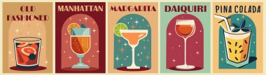 Kokteyller eski poster seti. Manhattan, Old Fashioned, Pina Colada, Margarita, Daiquiri. Popüler alkol içecekleri. Bar arabası, bar, restoran, mutfak duvarı resimleri için klasik düz vektör çizimleri