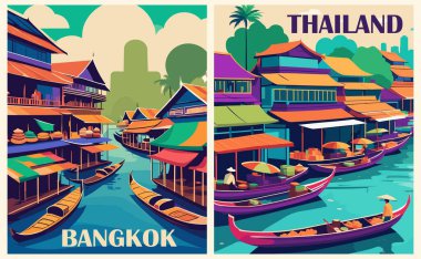 Geçmişe Yolculuk Gidiş Posterleri seti. Bangkok, Tayland renkli baskılar. Egzotik yaz tatili, uluslararası tatil kavramı. Vintage vektör çizimleri.