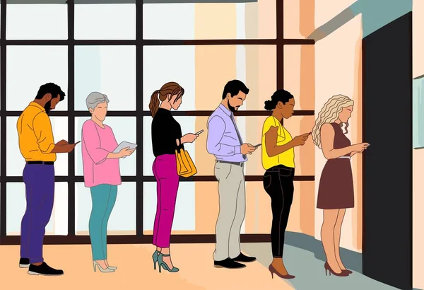 Diverse Business people waiting for job interview in modern office hallway, lobby. Candidates standing in line queue to door office. Hiring job employment concept. Vector illustration.
