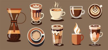 Moka pot, kahve fincanı ikonları. Bardaklar, bardak ve kapuçino, latte, americano, espresso, buzlu kahve, en iyi manzara. Logo, ikon, kafe, menü tasarım şablonları. Vektör çizimi izole edildi.