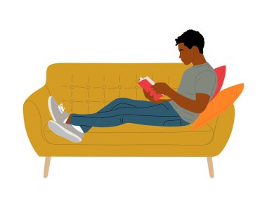 Genç siyah adam kanepede uzanıp kitap okuyor. Rahat bir Afrikalı Amerikalı evdeki kanepede dinleniyor. Kitap kurdu edebiyatla zaman geçirir. Düz vektör çizimi beyaz arkaplanda izole edildi.