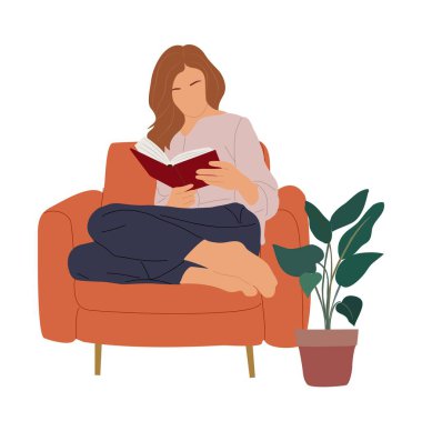 Koltukta oturan genç bir kadın, kitap okuyor. Rahat kitap sever kız rahat evinde dinleniyor. Kitap kurdu edebiyatla zaman geçirir. Düz vektör çizimi beyaz arkaplanda izole edildi.
