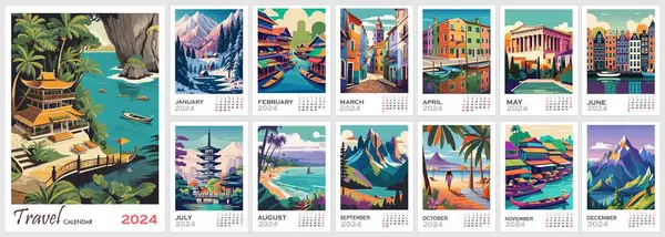 stock vector Wall Travel destinations calendar for 2024. Vertical design with famous places poster designs. Vector colorful illustration page template A3, A2 for printable monthly calendar. Week starts on Sunday.
