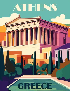 Atina ve Yunanistan Seyahat Varış Yeri Posteri eski tarz. Akropolis izli manzara. Avrupa yaz tatili, turizm, tatil konsepti. Vintage vektör renkli illüstrasyon.