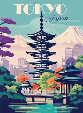 Tokyo, Japonya Seyahat Varış Yeri Posteri. Geleneksel, modern binalar, dağlar, göl, orman olan şehir manzarası. Egzotik tatil, tatil konsepti. Vintage vektör illüstrasyonu.