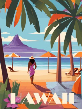 Hawaii Seyahat Varış Yeri Posteri eski tarz. Dağlı, egzotik tropikal okyanus plajı manzarası ve antika bitkiler. Yaz tatili, tatil konsepti. Vektör renkli illüstrasyon.