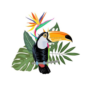 Tropical composition with exotic leaves, flowers and toucan. Tucan bird sitting on the branch. Colorful vector illustration isolated on white background. clipart