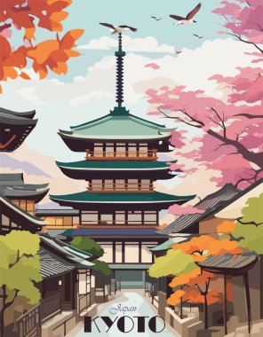 Kyoto, Japonya Seyahat Varış Yeri Posteri. Uluslararası turizm baskısı. Egzotik yaz tatili, tatil konsepti. Vintage vektör renkli illüstrasyon.