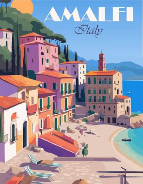 Seyahat Varış Yeri Posteri eski usul. Amalfi Sahili İtalya baskısı. Avrupa yaz tatili, uluslararası turizm, tatil konsepti. Vintage vektör renkli illüstrasyon.