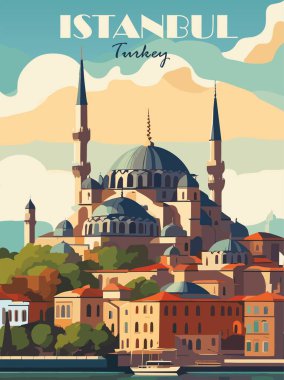 İstanbul ve Türkiye Seyahat Varış Yeri Posteri eski tarz. Mavi cami dijital baskısı. Egzotik yaz tatili, uluslararası turizm, tatil konsepti. Vintage vektör renkli illüstrasyon.