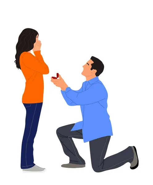 Man Standing One Knee Doing Marriage Proposal Pretty Woman Couple — Stock Vector