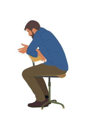 Ofis koltuğunda oturan bir iş adamı. Yakışıklı, sakallı, şık, sıradan ofis kıyafetleri giyen bir adam. Erkek çizgi film karakteri Vektör illüstrasyonu beyaz arkaplanda izole edildi.