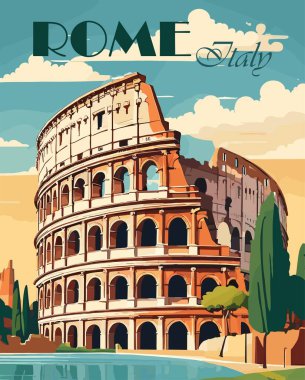 Roma, İtalya arka planda Colosseum tarihi binası olan geçmişe dönük bir poster taşıyor. Vintage renkli vektör çizimi.