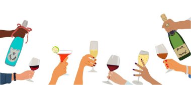 Christmas, New Year border, background with different multiracial hands holding glasses with drinks, champagne bottle, sparkling wine, cocktail. Festive Vector design for banner, card, invitation. clipart