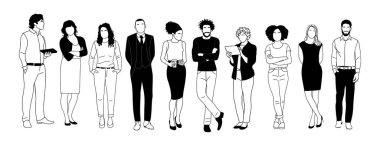 Ayakta duran çok uluslu iş ekibi üyeleri. Farklı erkek ve kadın karakterleri. Modern vektör basit taslak tasarımı, grafik ve web tasarımı için biçimlendirilmiş çizimler. Beyaz arkaplanda izole.