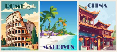 Set of travel destination posters in retro style featuring Rome, Italys Colosseum, a China old temple, and a Maldives ocean beach with palm trees and bungalows. Vintage colorful vector illustrations. clipart