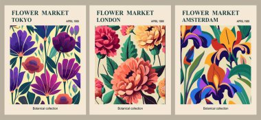 Set of abstract Flower Market posters. Trendy botanical wall arts with floral design in bright colors. Modern naive groovy funky interior decorations, paintings. Vector art illustration.