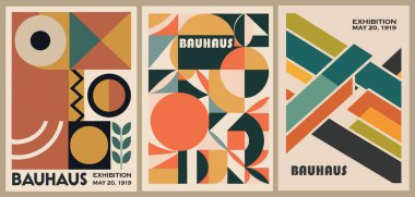 Bauhaus retro posterleri, klasik basılabilir duvar sanatı, soyut geometrik vektör çizimleri, orta yüzyıl modern renk paleti. Modernist sanat baskıları.
