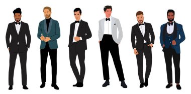 Set of elegant businessmen wearing formal tuxedo and bow tie for evening celebration, event, Christmas, New Year, wedding, anniversary. Different male characters isolated on white background. clipart