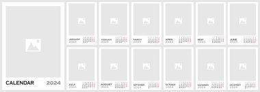 Calendar template for 2024 year with Place for Photo or Company Logo. Vertical design. Vector page A3, A2 for printable wall monthly calendar. Week starts on Monday. Calendar grid in grey color. clipart