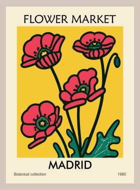 Soyut Çiçek Pazarı Madrid posteri. Sarı arka planda kırmızı gelincik çiçekleri olan modaya uygun botanik duvar resimleri. Modern, saf, modaya uygun iç dekorasyon, resim. Vektör sanatı illüstrasyonu.