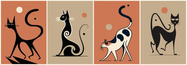 stock vector Set of retro posters in Mid Century modern style with cute cats drawing. Vintage vector illustrations of Atomic Cats for printable wall arts, cards, decoration.