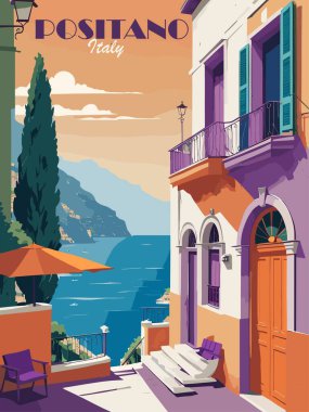 Positano Seyahat Varış Yeri Posteri. İtalya manzara dijital baskısı. Avrupa tatili, uluslararası tatiller, turizm konsepti. Parlak renkli vintage vektör çizimi.