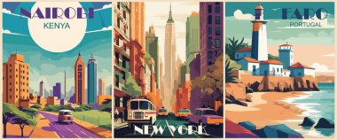 Geçmişe Yolculuk Gidiş Posterleri seti. Nairobi, Kenya, New York, ABD, Faro, Portekiz baskıları. Uluslararası yaz tatili, tatil konsepti. Vintage vektör renkli çizimler.