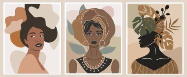 Modern Woman Wall Art collection, Abstract Female Prints, Boho Girl Wall Decor, Mid Century wallpaper design with stylish black women and tropical leaves. Vector illustrations in Earthy Tones.