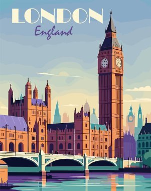 Londra, İngiltere, Büyük Britanya Seyahat Varış Yeri Posteri. Big Ben 'in baskısının olduğu Londra şehri. Avrupa tatili, tatil konsepti. Vintage vektör renkli sanat illüstrasyonuName.