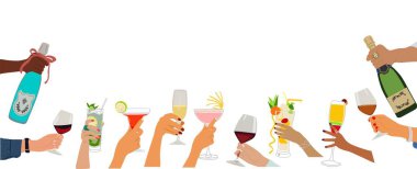 Christmas, New Year border, background with different multiracial hands holding glasses with drinks, champagne bottle, sparkling wine, cocktails. Festive Vector design for banner, card, invitation. clipart