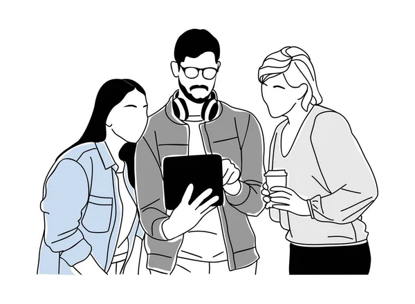 Takım çalışması iş konsepti çizimi. Erkekler ve kadınlar birlikte çalışıp dijital tablet arıyorlar. Grafik ve web tasarımı için modern vektör basit taslak çizimi. Beyaz arkaplanda izole.
