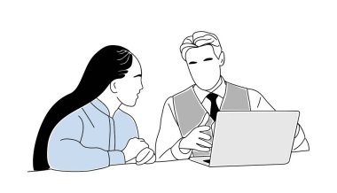 Personel eğitimi, sunum, öğrenme, mesleki beceri konseptini geliştirme. Kıdemli öğretmen, koç, akıl hocası meslektaşımla dizüstü bilgisayarda çalışıyoruz..